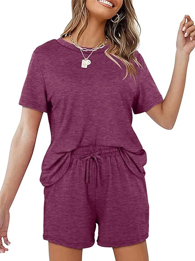 Women's Loungewear Sets Nighty 2 Pieces Pure Color Simple Comfort Home Street Cotton Crew Neck Short Sleeve T shirt Tee Shorts Spring Summer Green Blue