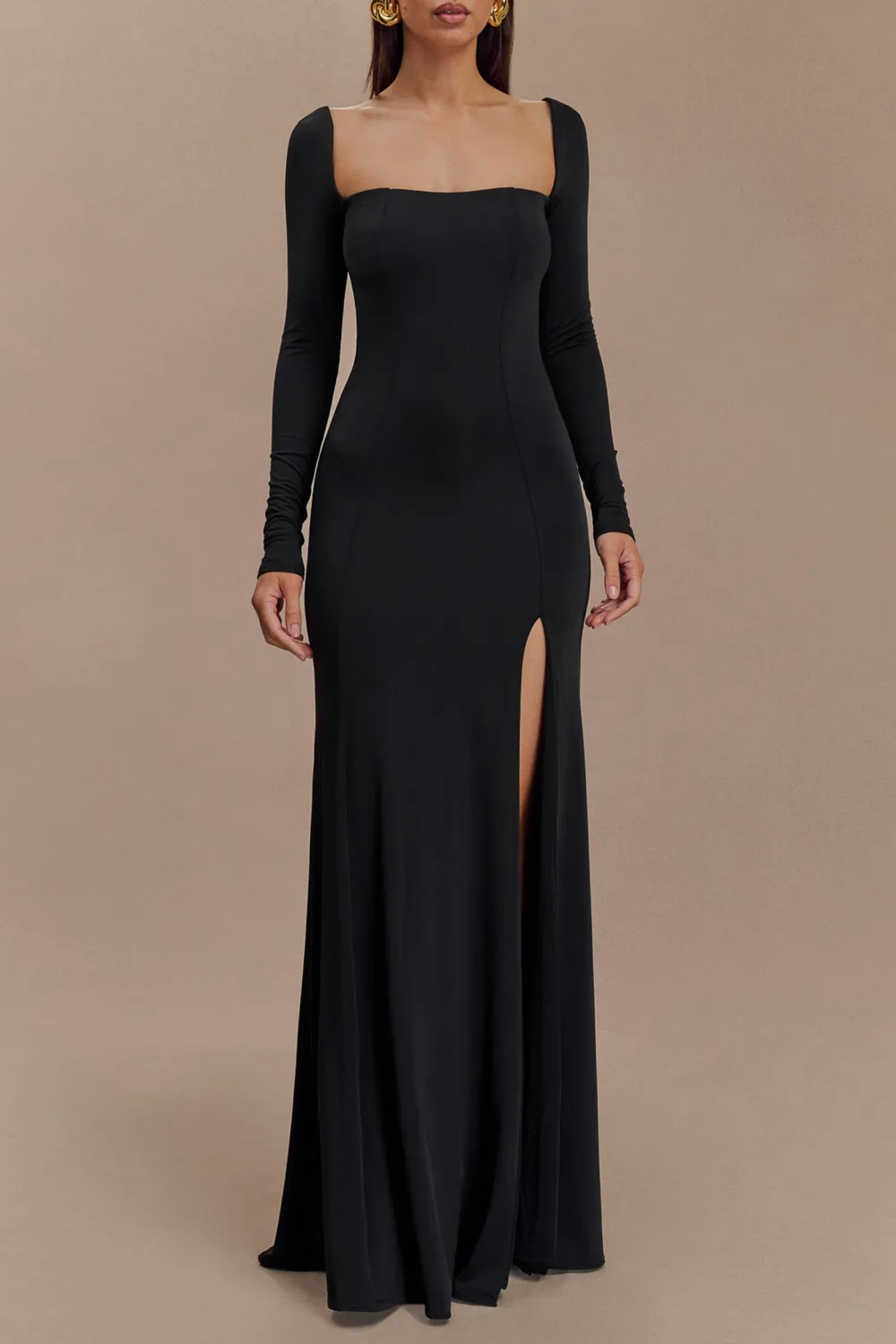 Slinky Long Sleeve Maxi Dress With Split