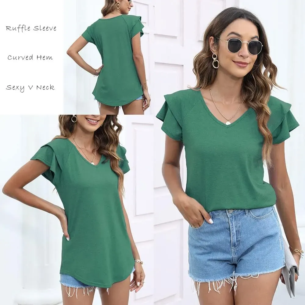T&Twenties Womens Summer Tops Ruffle Short Sleeve Tunic Tops V Neck Loose Fit Flowy T-Shirts
