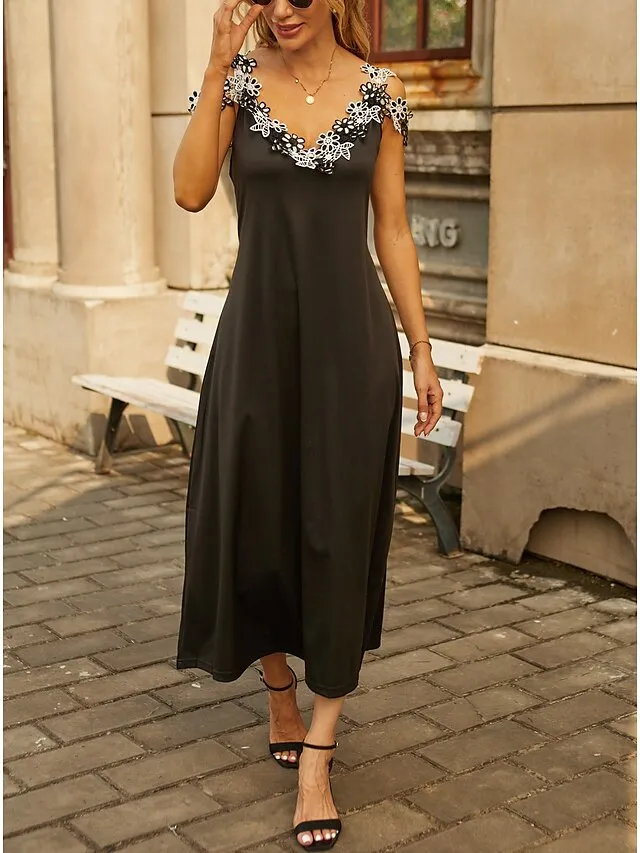 Women's Casual Dress Black Dress A Line Dress Long Dress Maxi Dress Polyester Fashion Casual Outdoor Daily Going out Strap Lace Patchwork Sleeveless Summer Spring 2023 Regular Fit Black White Green