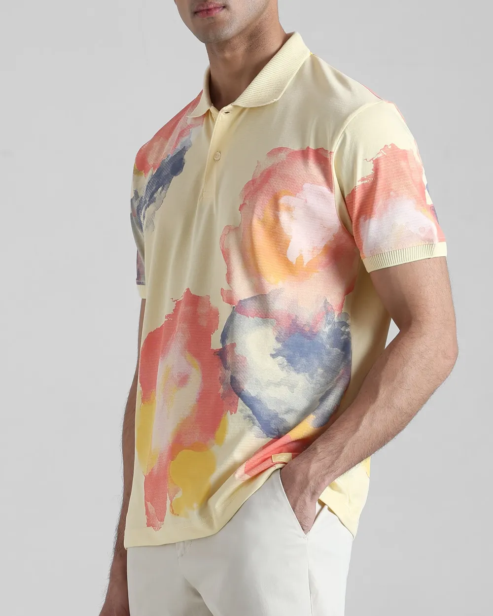 Daily Simple Light Yellow Floral Print Polo Shirt