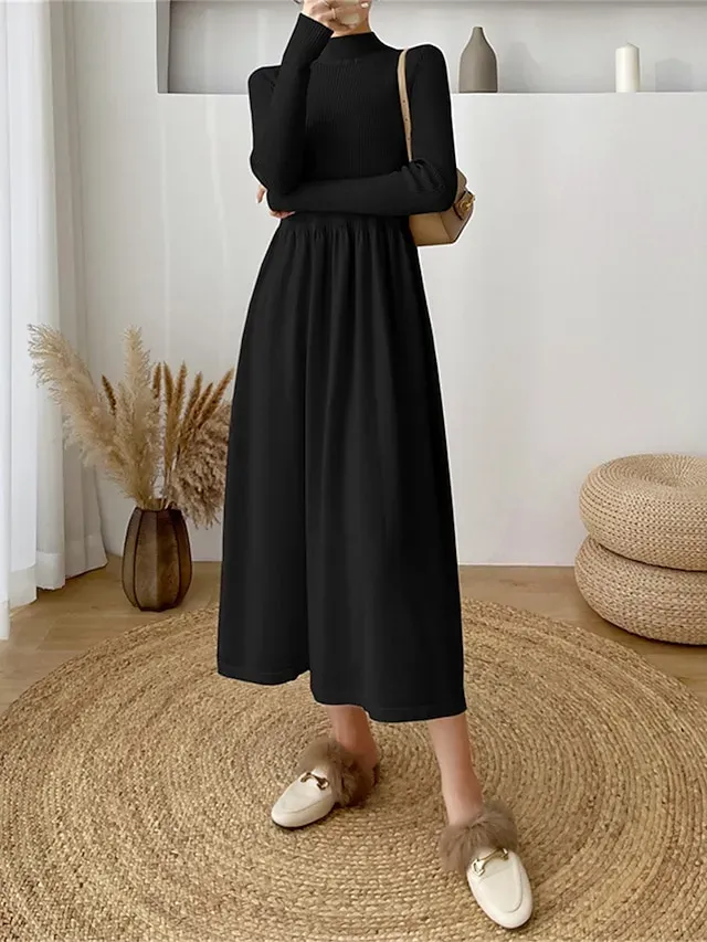 Women's Sweater Dress Knit Dress Jumper Dress Midi Dress Knitwear Elegant Fashion Plain Outdoor Daily Going out Turtleneck Long Sleeve 2023 Loose Fit Black Apricot One Size