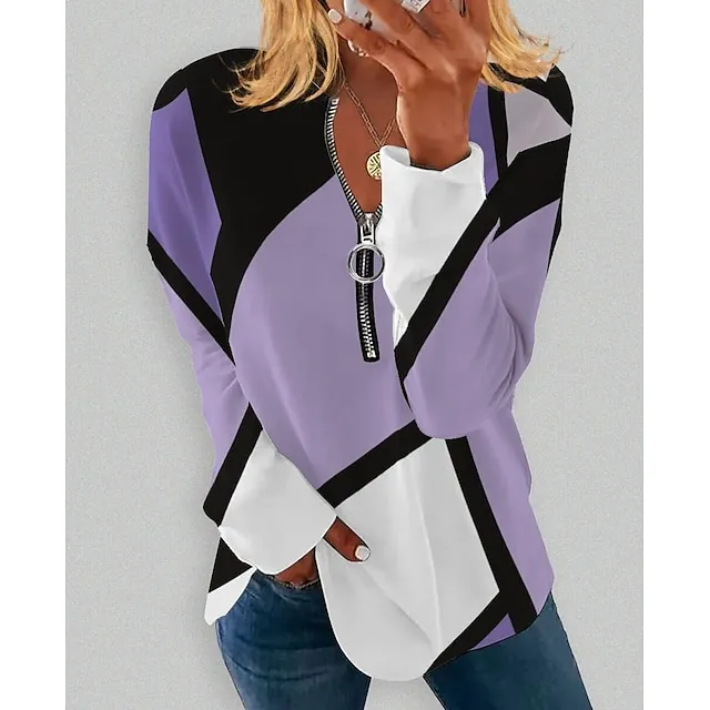 Women's Plus Size Sweatshirt Pullover Graphic Color Block Active Streetwear Quarter Zip Print White Blue Purple Daily Sports V Neck Long Sleeve Without Lining Micro-elastic Fall & Winter