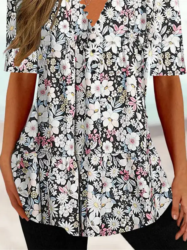 Women Half Sleeve V-neck Floral Printed Tops