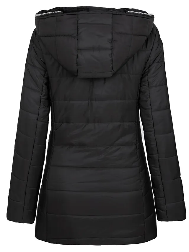 Women's Puffer Jacket Long Full Zip Pocket Button Coat Black Yellow Silver Red Casual Street Fall Zipper Hoodie Loose S M L XL XXL / Daily / Warm / Breathable / Solid Color / Lined