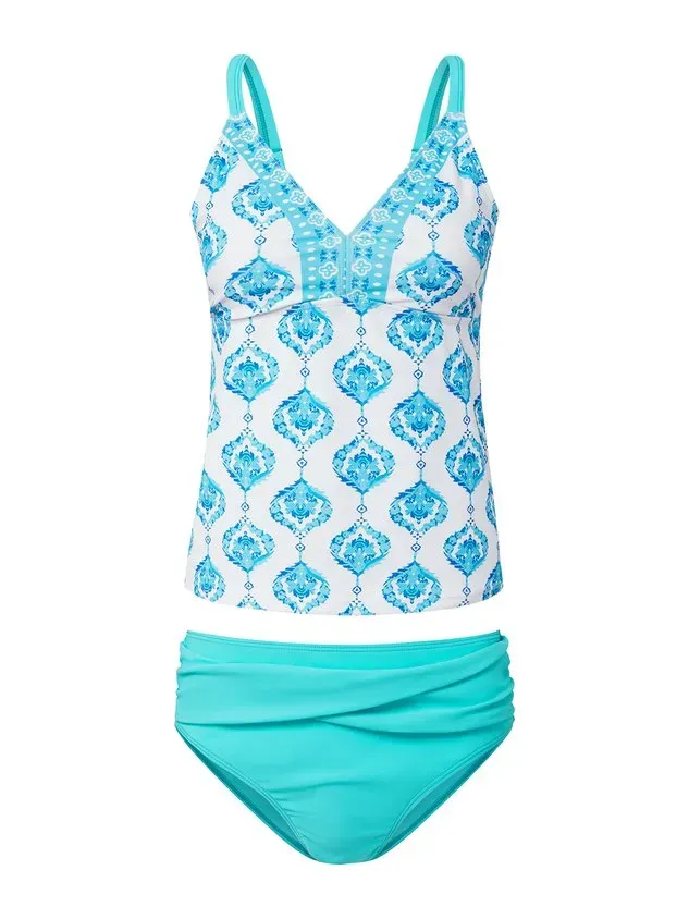Vacation Ethnic Printing V Neck Tankinis Two-Piece Set