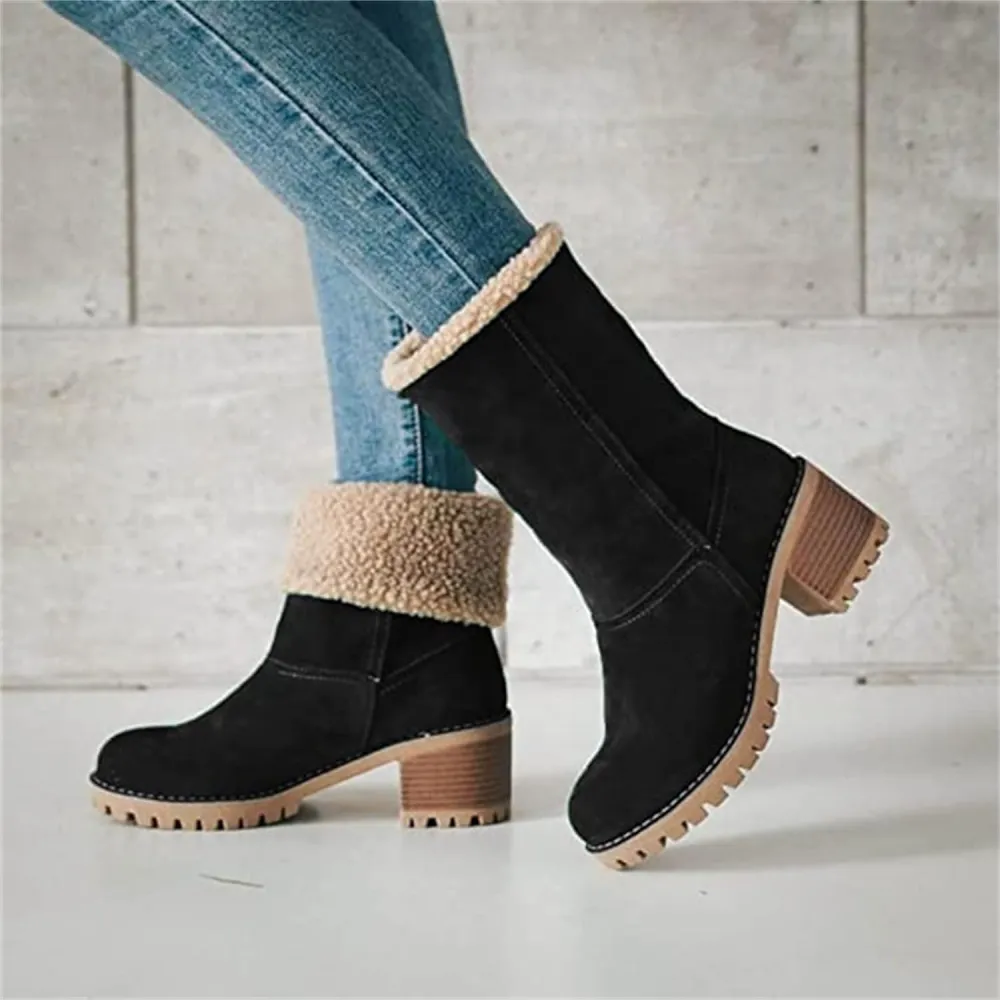 Women Snow Boots Winter Faux Fur Warm, Outdoor Hiking Booties Casual Fashion Soft Waterproof Windproof insulated Mid Calf Boots, Comfortable Thick Plush Keep Warm Shoes (Black 1,7)