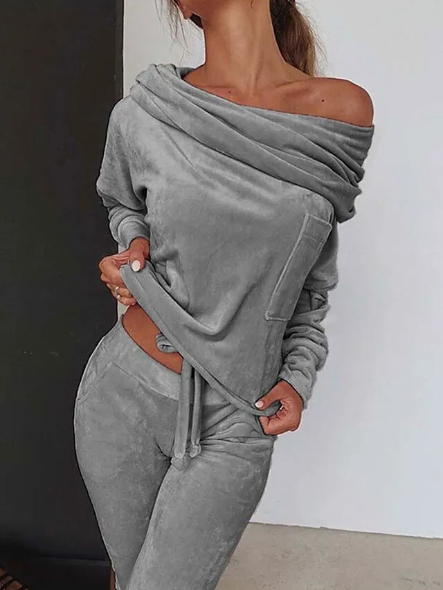 Women‘s Loungewear Sets Winter 2 Pieces Pure Color Comfort Plush Home Street Polyester One Shoulder Long Sleeve Pant Elastic Waist Winter Fall Purple Pink