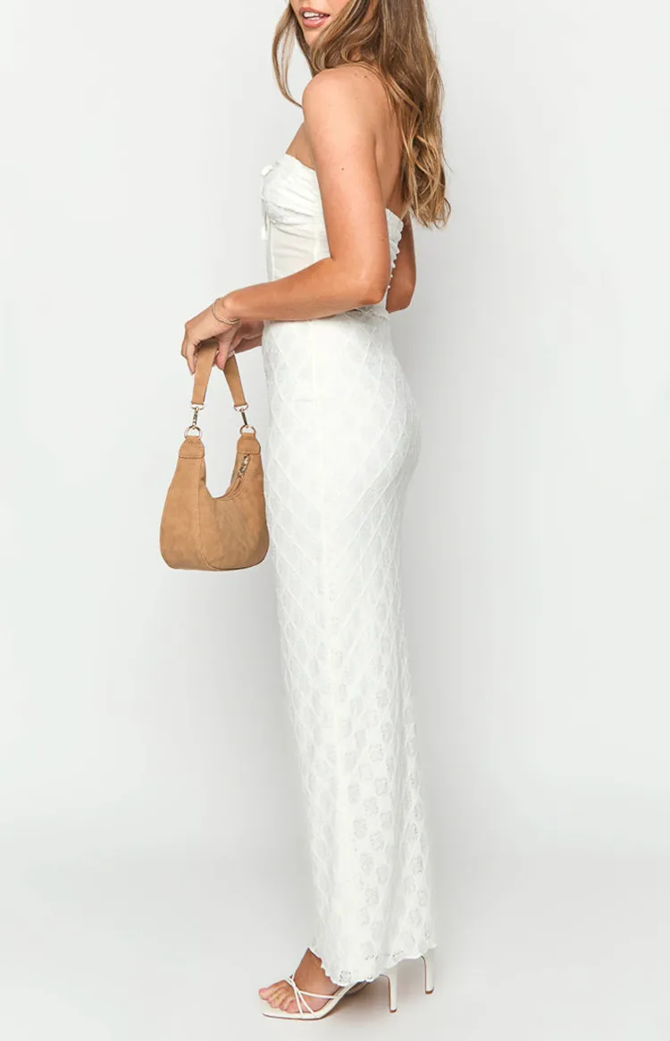 White Textured High Waist Midi Skirt