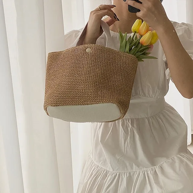 Women's Top Handle Bag Straw Daily Going out Pearls Geometric Black White