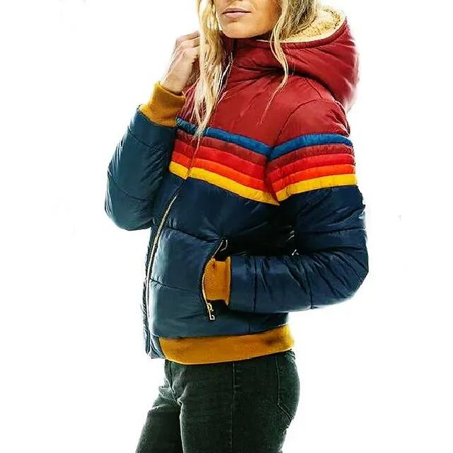 Women's Winter Jacket Puffer Jacket Street Daily Going out Winter Fall Regular Coat Stand Collar Regular Fit Windproof Warm Active Streetwear Casual Jacket Long Sleeve Color Block Rainbow Pocket Full