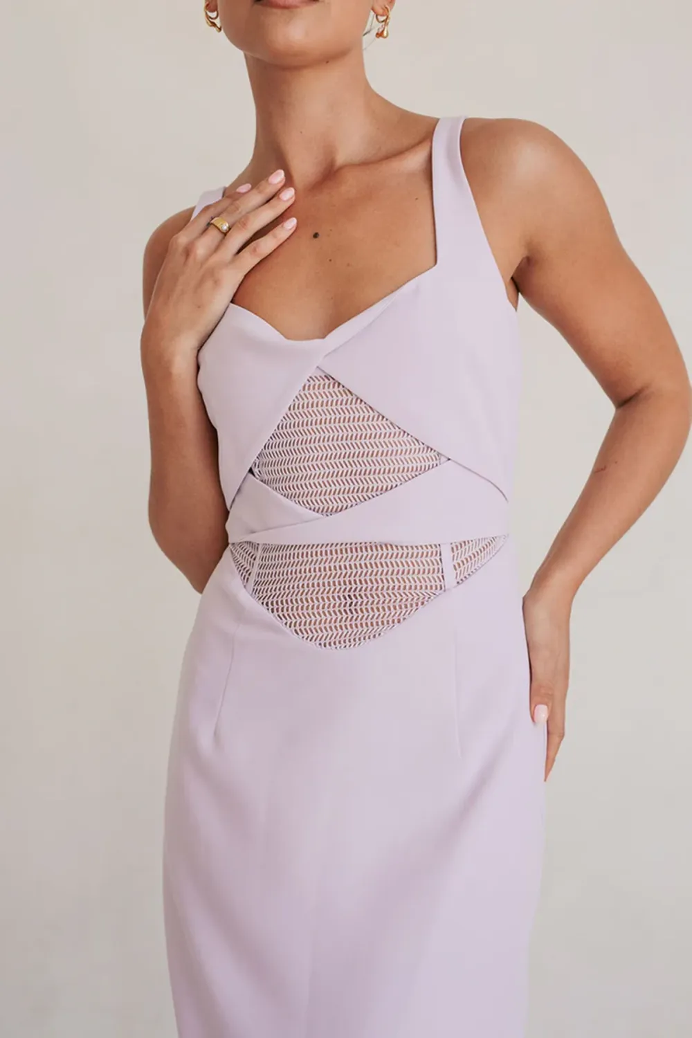 Square Neck Mesh Panel Midi Dress