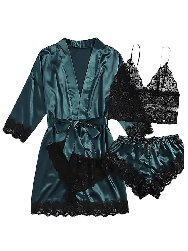 Women's Lace Satin Silk Pajamas Sets 4 Pieces Pure Color Simple Casual Soft Home Daily Bed Satin Breathable V Wire Long Sleeve Shorts Summer Spring Black Pink