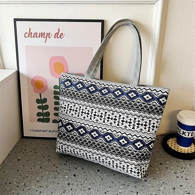 Women's Tote Shoulder Bag Canvas Tote Bag Canvas Shopping Daily Zipper Large Capacity Foldable Lightweight Striped Patchwork Folk Red stripes Red square Black square