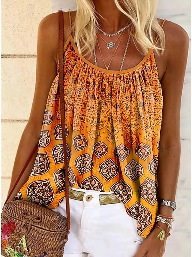 Women's Summer Tops Tank Top Pink Blue Orange Graphic Print Sleeveless Casual Weekend Basic Round Neck Regular S