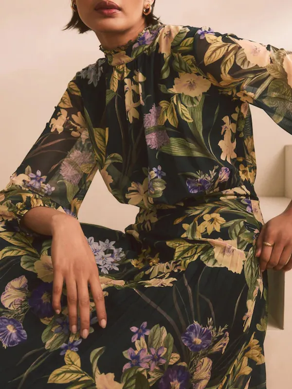 Retro Art High-Neck Floral Printed Dress