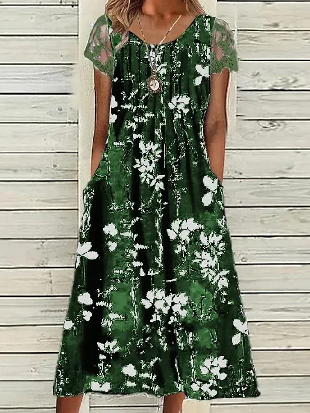 Women's Casual Dress Midi Dress White Short Sleeve Floral Ruched Dress