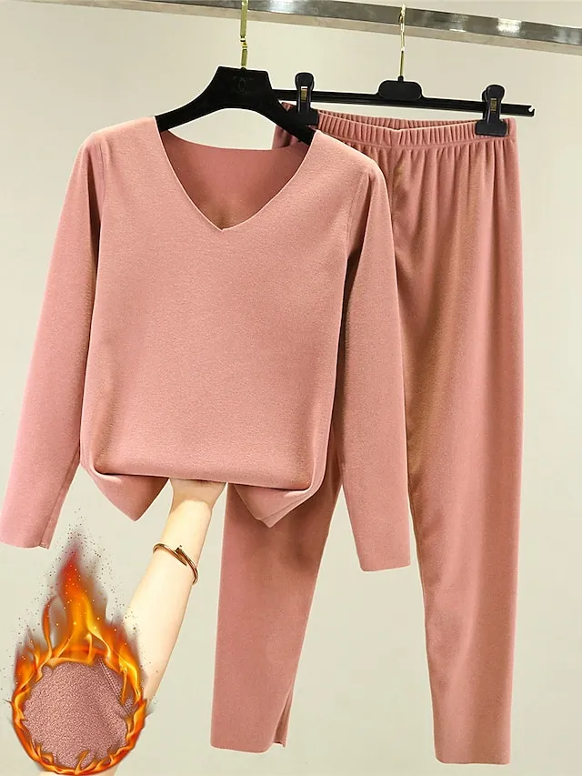 Women's Thermal Underwear Suit Pajama SetsThermal Set Pure Color Fashion Casual Soft Home Daily Bed Polyester Breathable V Wire Long Sleeve T shirt Tee Pant Fall Winter Light Pink Black