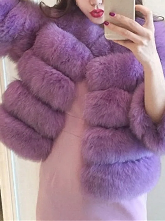 Women's Faux Fur Coat Active Elegant Comfortable Street Style Faux Fur Trim Outdoor Daily Wear Vacation Going out Faux Fur Short Coat Winter Fall Purple Pink Fuchsia Open Front Collarless Regular Fit