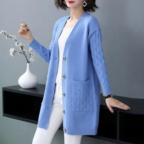 Plain Long Sleeve Casual Buckle Pockets Cardigan