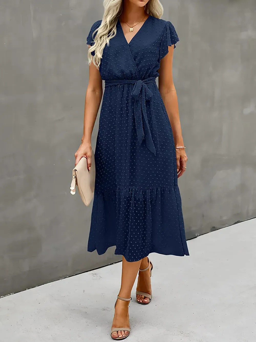 Women Summer Bohemian Floral Casual Wrap V Neck Ruffle Cap Sleeveless Belt A-Line Pleated Hem Swing Midi Sun Dress