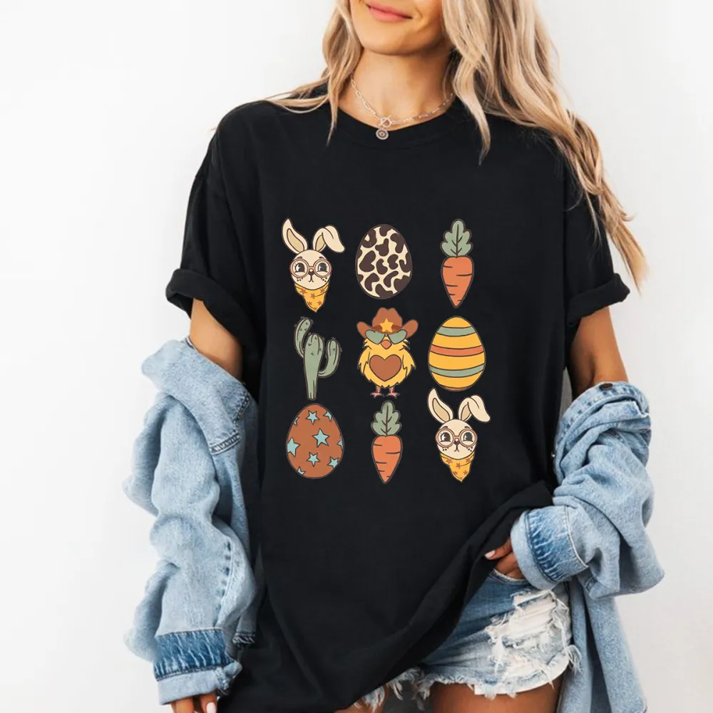 A Set Of Patterns, Including A Rabbit Head Wearing A Scarf, Leopard Print Eggs, Carrots, Cacti, Chickens Wearing Cowboy Hats, Striped Eggs, Etc. The Overall Style Is Cute And Casual T-Shirts.