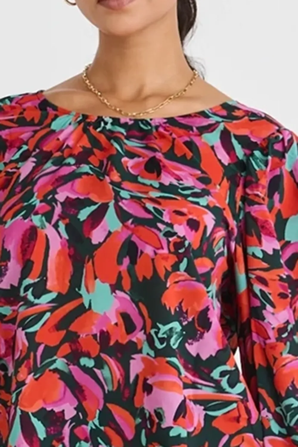 Floral Print Ruched Long - Sleeve Blouse