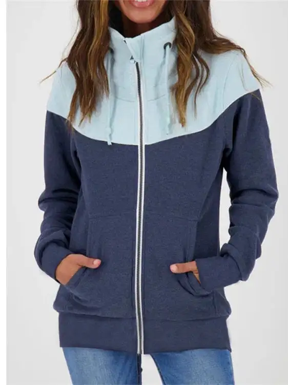 Women Long Sleeve Turtle Neck Cardigan Zipper Stitching Sweatshirts Tops