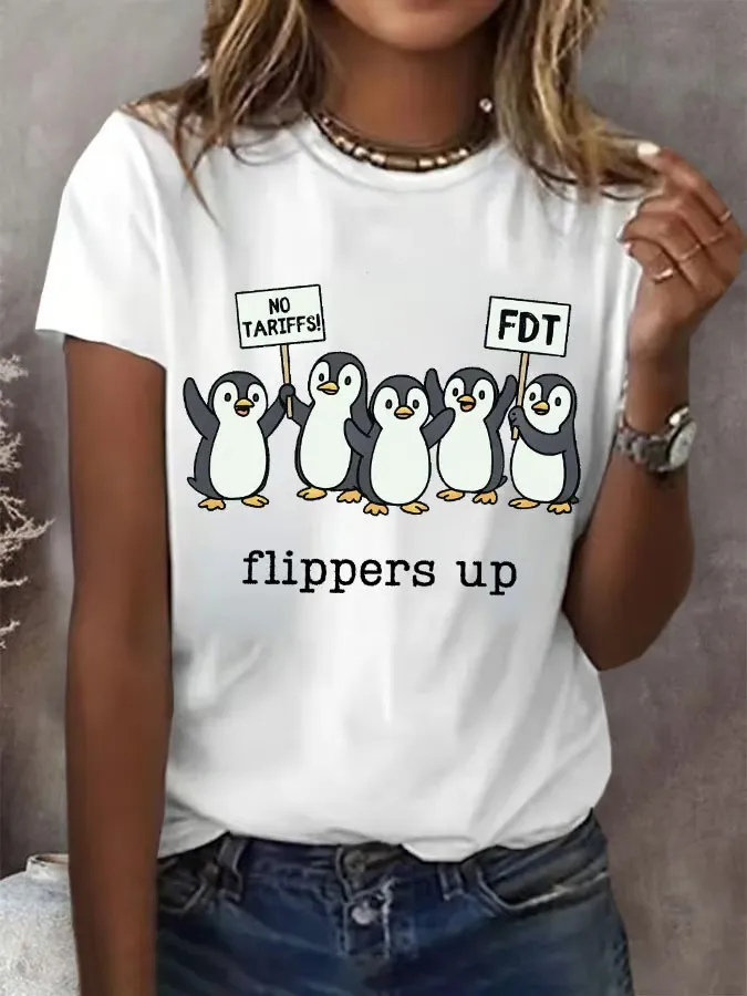 Women'S T-Shirt Women'S Penguins Flippers Up Print Round Neck T-Shirt Pure Cotton Round Collar