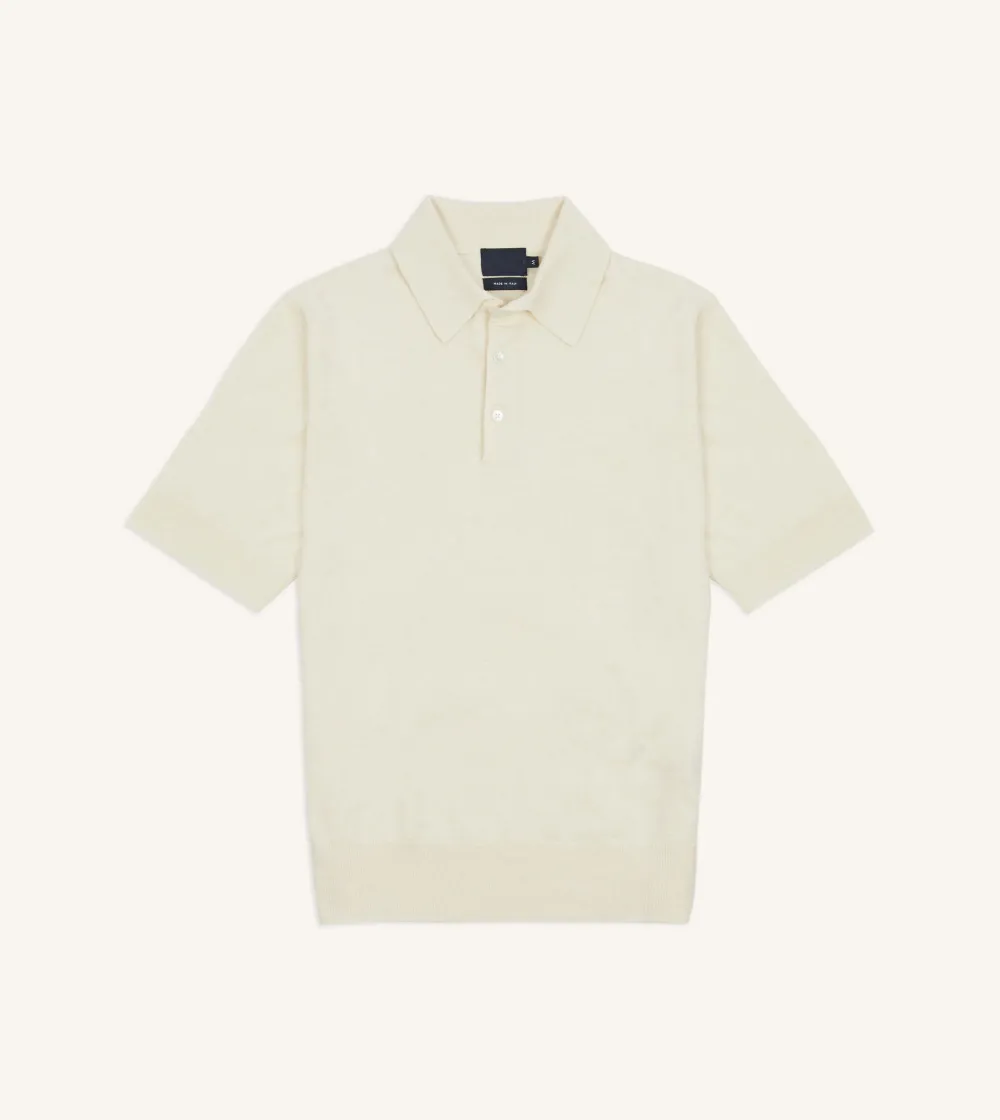 Ecru Knitted Linen-Cotton Short-Sleeve Polo Shirt Lapel