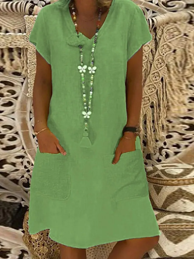 Women's Casual Dress Casual Dress Shift Dress Pure Color Pocket V Neck Midi Dress Basic Daily Vacation Short Sleeve Loose Fit Black Yellow Light Green Summer Spring S M L XL XXL