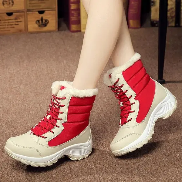 New Fashion Winter Fur Lining Lace Up Waterproof Mid-Calf Boots