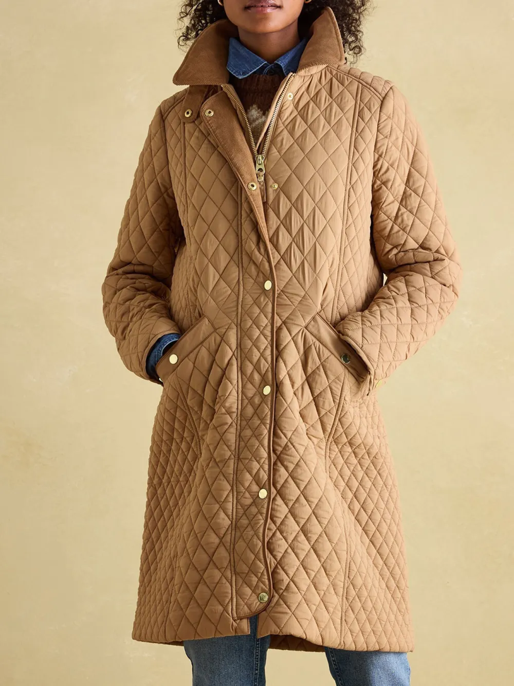 Tan Brown Showerproof Longline Diamond Quilted Coat