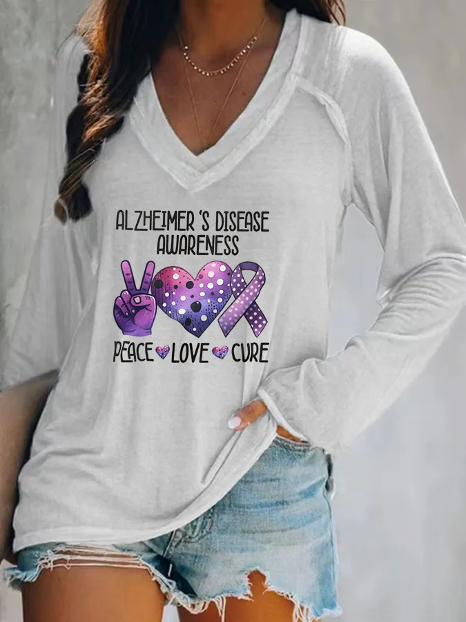 Women'S Alzheimer'S Disease Awareness Peace Love Cure V-Neck T-Shirt
