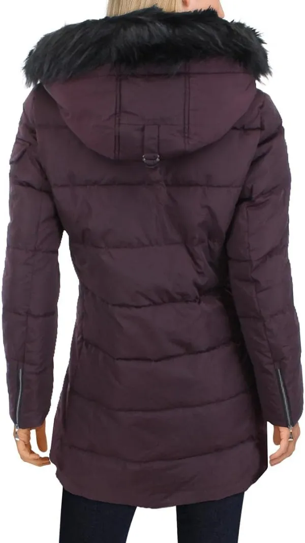 Women's Asymmetric Quilted Down Puffer Coat with Faux Fur Trim