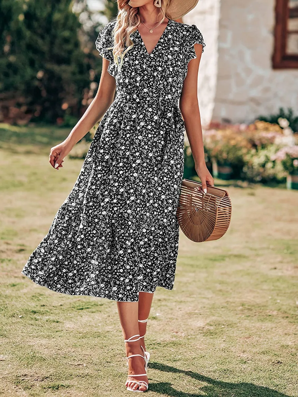 Women Summer Bohemian Floral Casual Wrap V Neck Ruffle Cap Sleeveless Belt A-Line Pleated Hem Swing Midi Sun Dress
