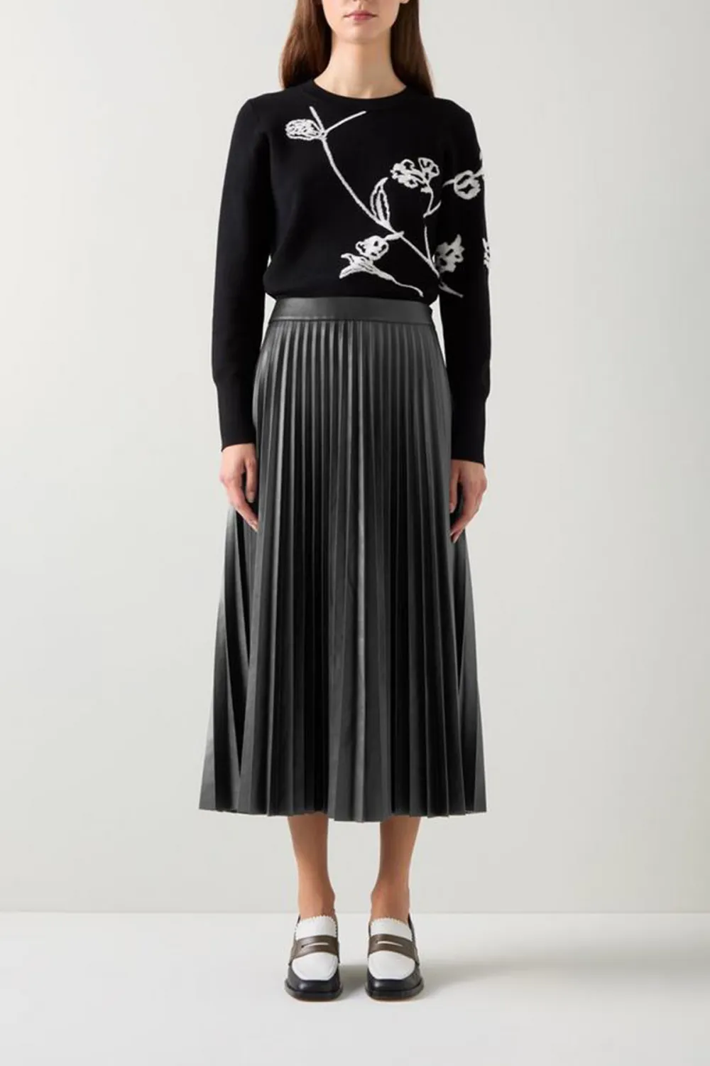 Black Pleated Faux Leather Midi Skirt