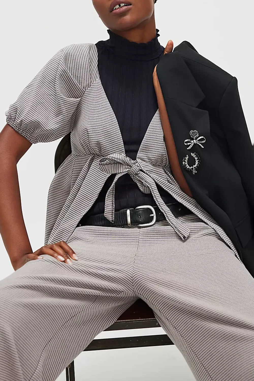 Checkered Crop Top And Wide Leg Pants Set