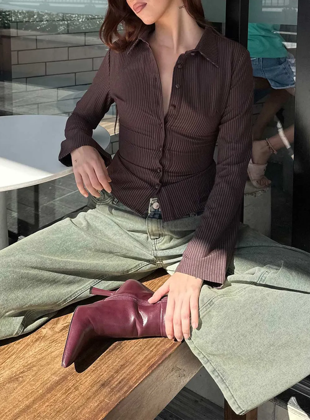 Black Pinstripe Cropped Button Up Shirt