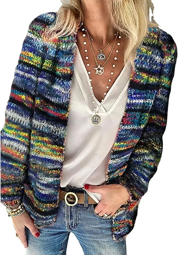 Women's Casual Jacket Warm Breathable Outdoor Daily Wear Vacation Going out Print Open Front Collarless Active Casual Comfortable Street Style Stripes Regular Fit Outerwear Long Sleeve Winter Fall