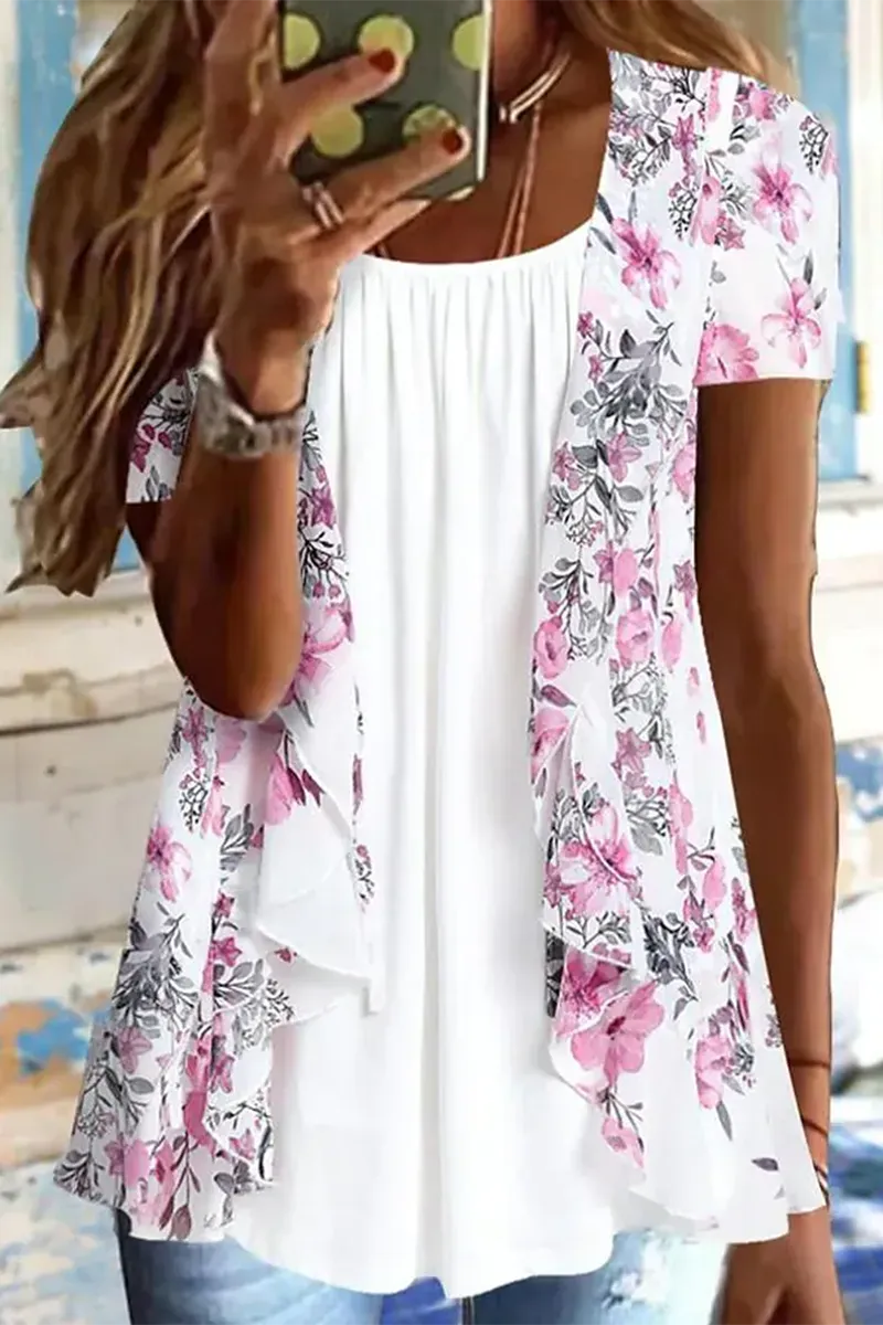 Floral Pattern Ruched Ruffle Trim 2-In-1 Blouse