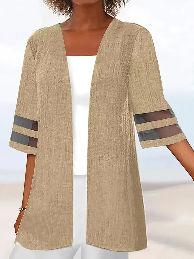 Women's Casual Jacket Clean Fit Causal Patchwork Solid Color Simple Loose Fit Outerwear 3/4 Length Sleeve Summer Black