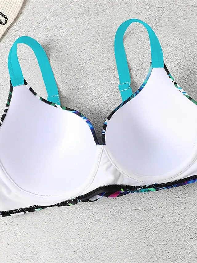 Women's Swimwear Bikini 2 Piece Normal Swimsuit Backless 2 Piece Push Up Sexy Printing Leaf Blue V Wire Bathing Suits New Vacation Beach Wear