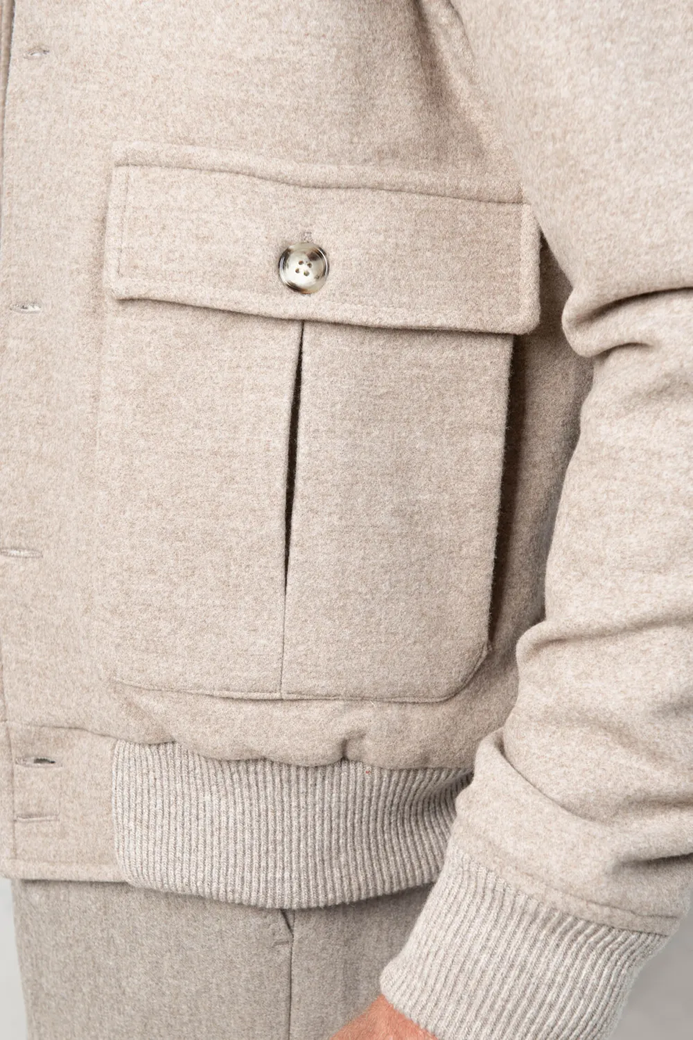 Beige Super 180'S Wool Flannel Bomber Jacket