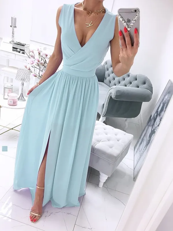 Women's Party Dress Holiday Dress Swing Dress Long Dress Maxi Dress Leather Pink White Light Green Sleeveless Pure Color Split Spring Summer V Neck Vacation Party Wedding Guest Date 2023 S M L XL 2XL