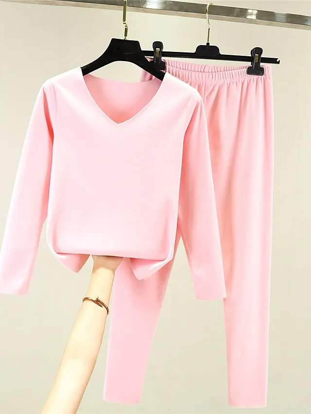 Women's Thermal Underwear Suit Pajama SetsThermal Set Pure Color Fashion Casual Soft Home Daily Bed Polyester Breathable V Wire Long Sleeve T shirt Tee Pant Fall Winter Light Pink Black