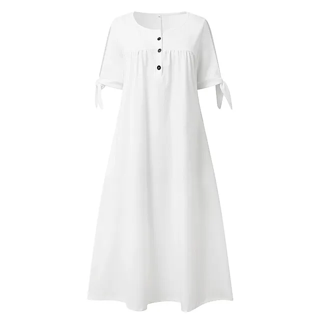 Women's Casual Dress Shift Dress White Dress Midi Dress White Short Sleeve Pure Color Button Summer Spring V Neck Basic Vacation Loose Fit 2023 S M L XL XXL 3XL