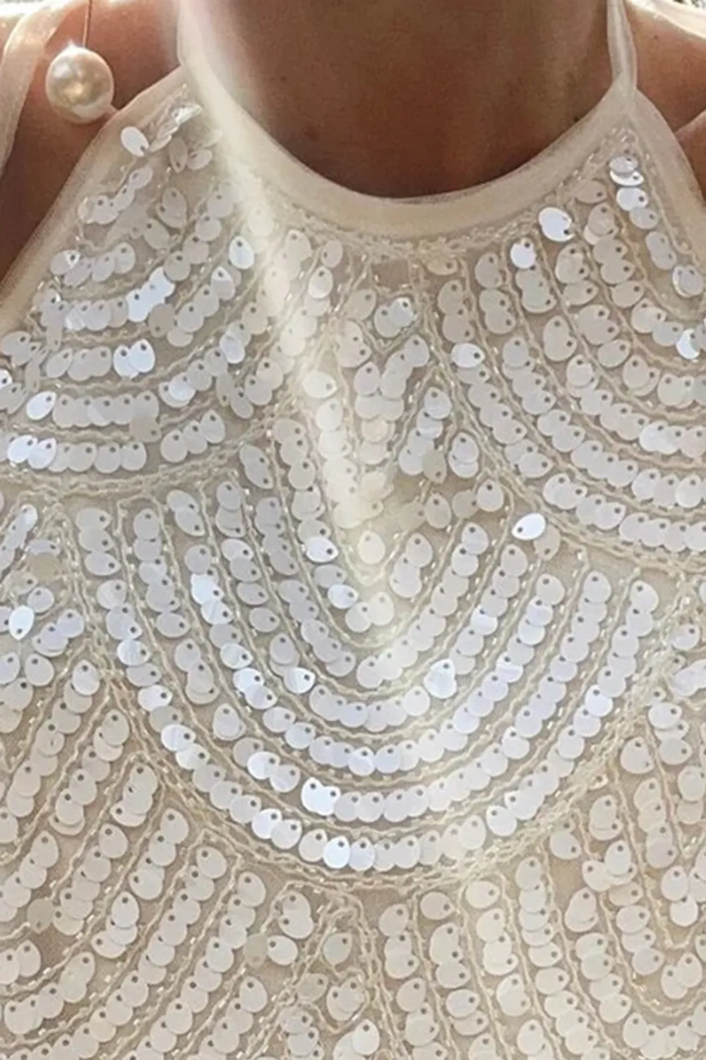White Sequin Halter Tie Top