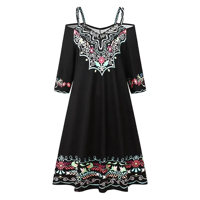 Women‘s Casual Dress Ethnic Dress Mini Dress Black 3/4 Length Sleeve Pure Color Print Summer Spring Fall V Neck Stylish 2023 S M L XL XXL 3XL