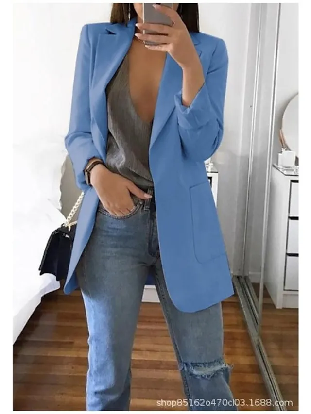 Women's Plus Size Curve Blazer Spring Work to Wear Office Jacket with Pocket Long Sleeve Peaked Lapel Fall Winter